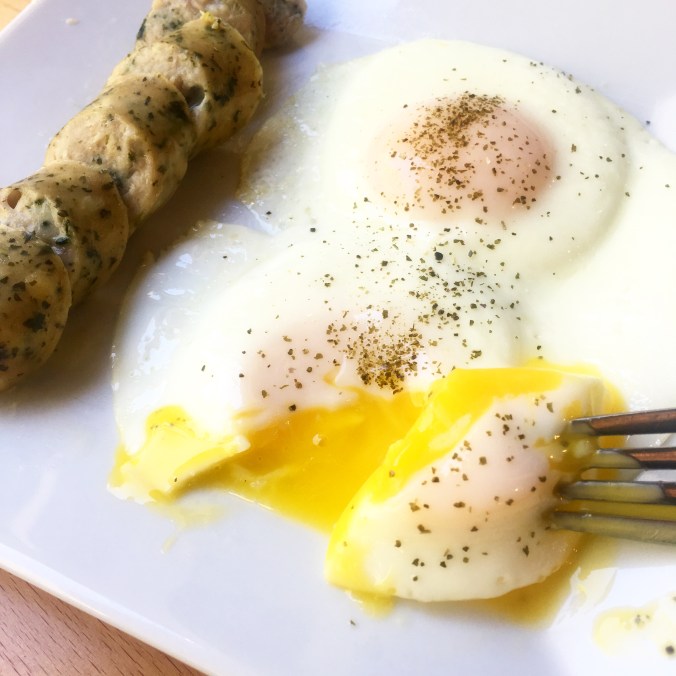 Eggs, Kelp Granules, and Chicken Sausage