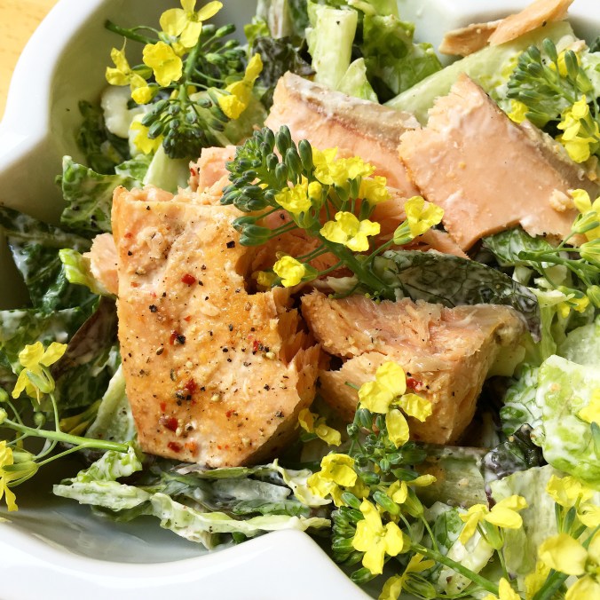Caesar Salad with Salmon and Broccoli Florets 